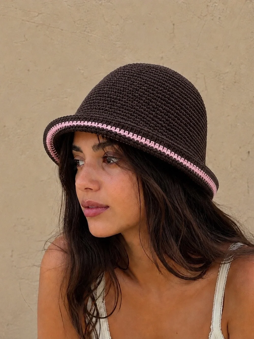 Zara Crochet band bucket hat , brown pink